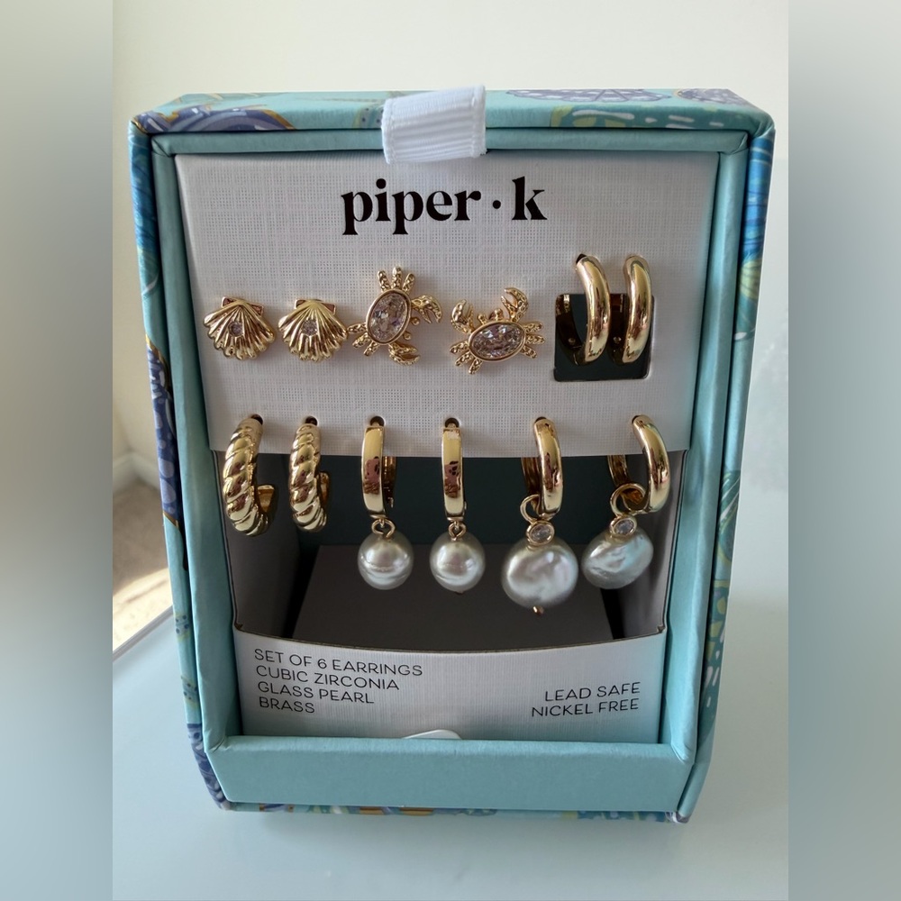 Piper K gold Pearl crab charm cubic zirconia and Hoop Earrings Set of 6